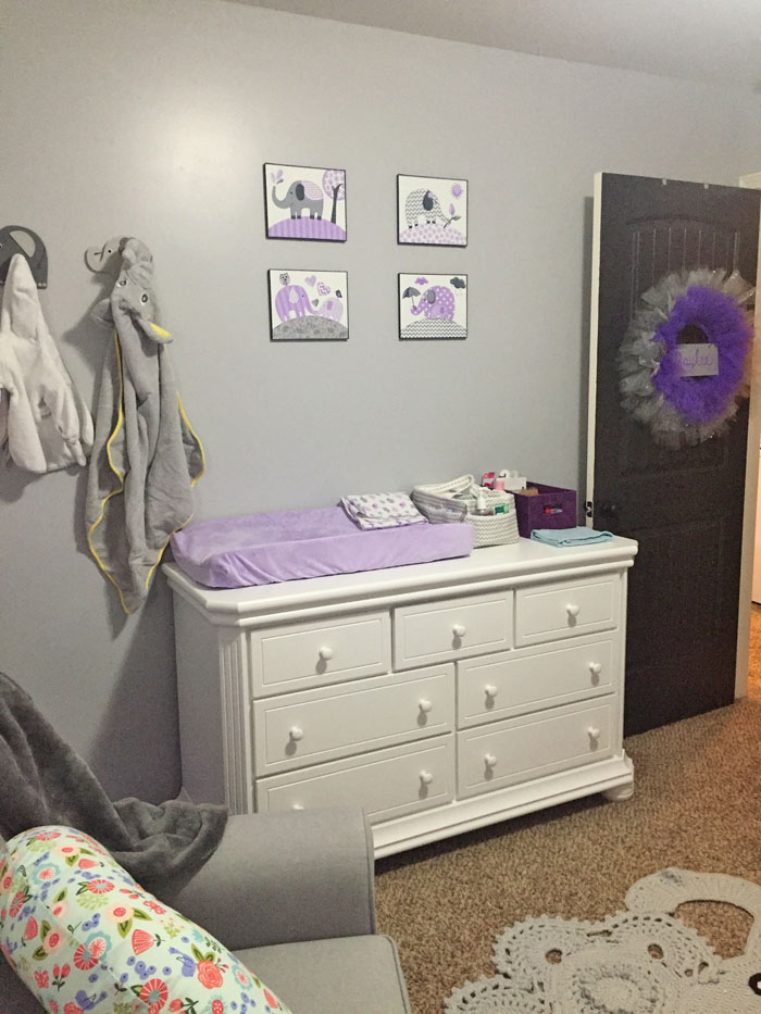 Check out all the details of this purple and grey nursery filled with cute elephants!