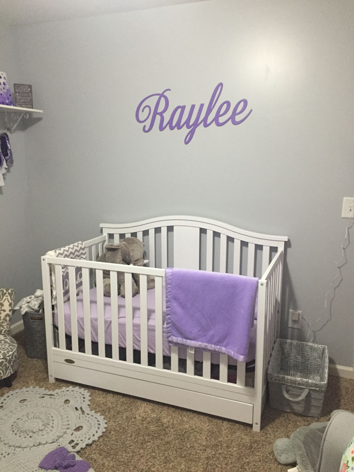 Check out all the details of this purple and grey nursery filled with cute elephants!