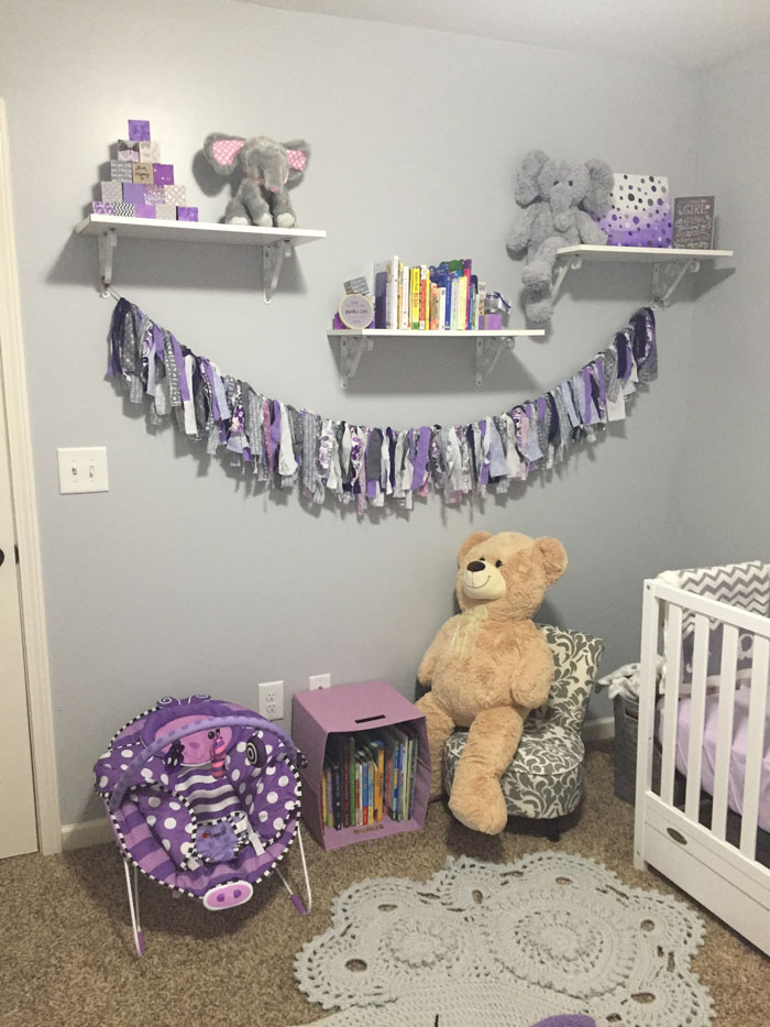 Check out all the details of this purple and grey nursery filled with cute elephants!