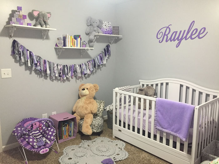 Check out all the details of this purple and grey nursery filled with cute elephants!