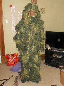 Travis in the gillie suit I got him for Christmas.