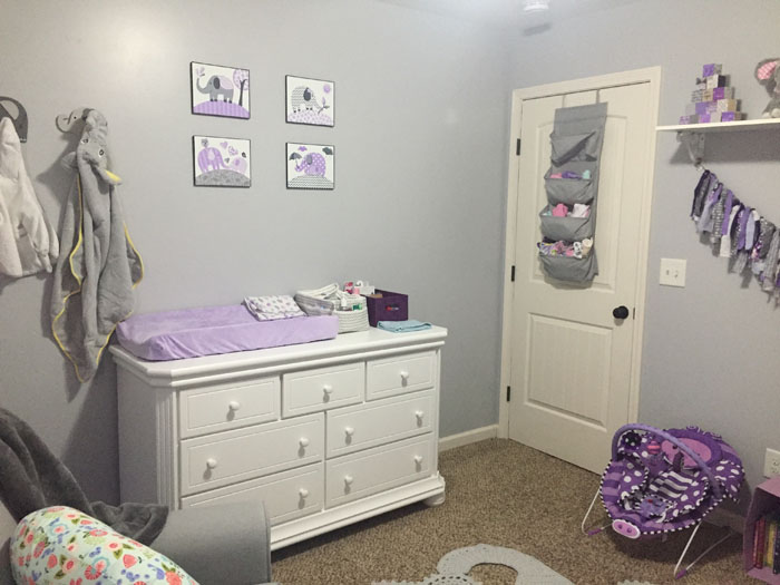 Check out all the details of this purple and grey nursery filled with cute elephants!