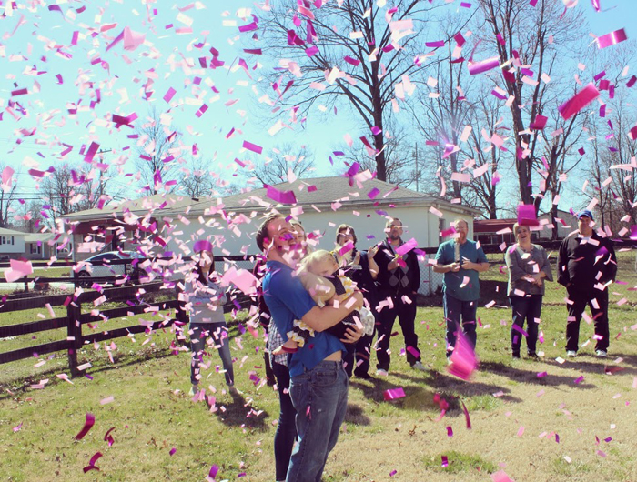 Using confetti cannons to reveal the gender of baby #2!